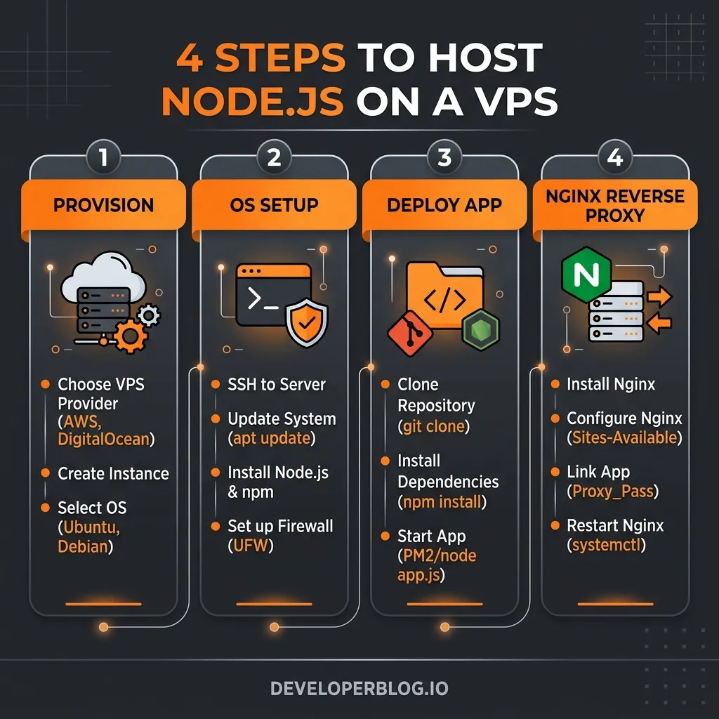 Infographic: 4-Step Workflow for Hosting Node.js on a VPS