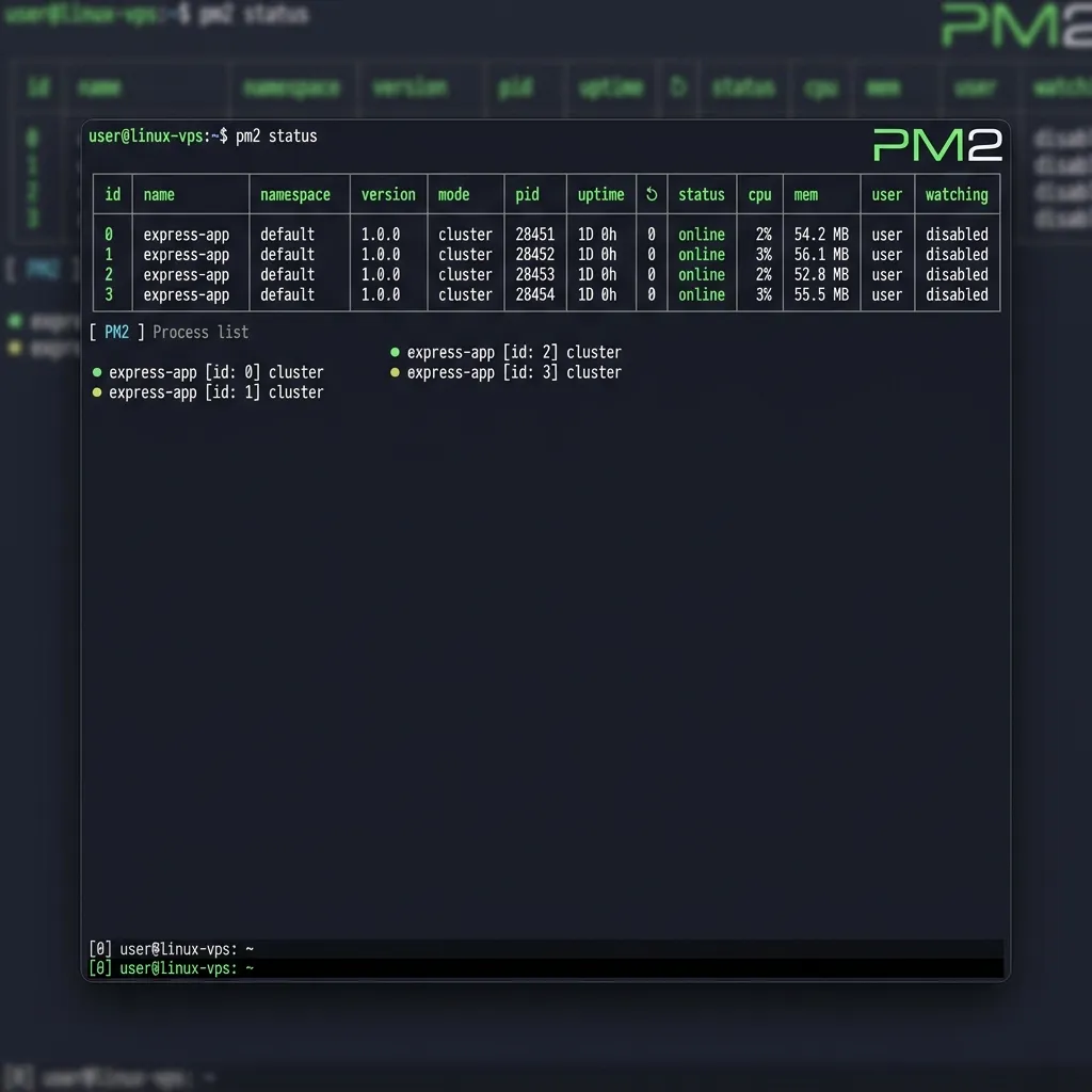 PM2 monitoring dashboard with multiple Node.js cluster workers and stable CPU/RAM during reload